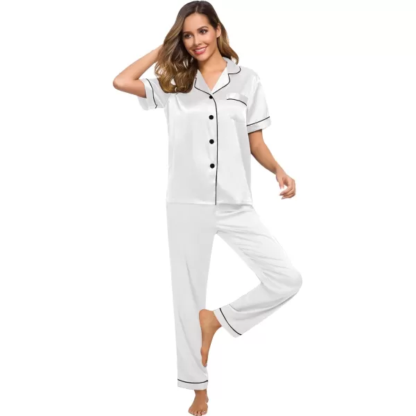 SWOMOG Women Satin Pajamas Set Short Sleeve Top ampamp Pants Sleepwear Silky Button Down Nightwear 2pcs Loungewear Pjs SetWhite