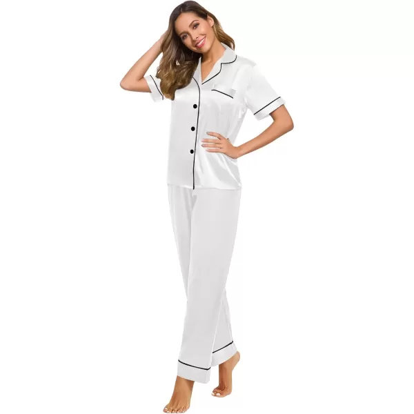 SWOMOG Women Satin Pajamas Set Short Sleeve Top ampamp Pants Sleepwear Silky Button Down Nightwear 2pcs Loungewear Pjs SetWhite