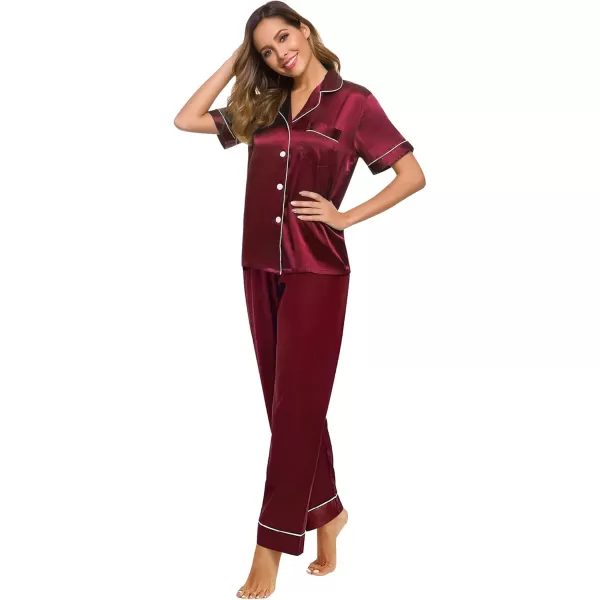 SWOMOG Women Satin Pajamas Set Short Sleeve Top ampamp Pants Sleepwear Silky Button Down Nightwear 2pcs Loungewear Pjs SetWine Red