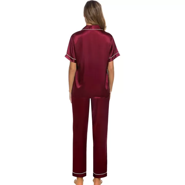 SWOMOG Women Satin Pajamas Set Short Sleeve Top ampamp Pants Sleepwear Silky Button Down Nightwear 2pcs Loungewear Pjs SetWine Red