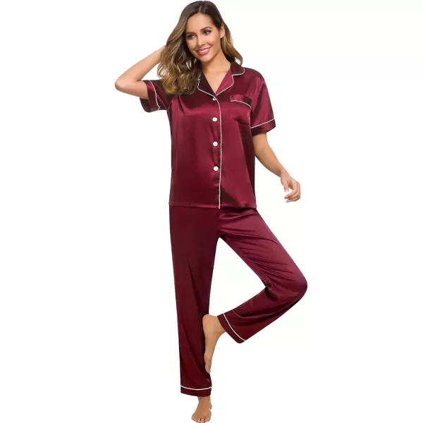 SWOMOG Women Satin Pajamas Set Short Sleeve Top ampamp Pants Sleepwear Silky Button Down Nightwear 2pcs Loungewear Pjs SetWine Red