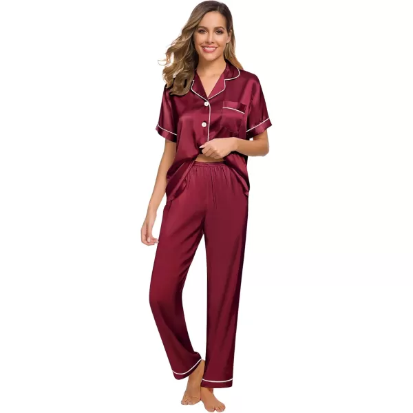 SWOMOG Women Satin Pajamas Set Short Sleeve Top ampamp Pants Sleepwear Silky Button Down Nightwear 2pcs Loungewear Pjs SetWine Red