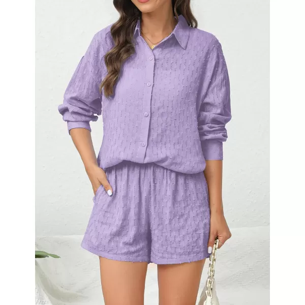 SWOMOG Womens 2 Piece Loungewear Long Puff Sleeve Button Down Shirts High Waisted Shorts with Side Pockets Pajama SetLavender