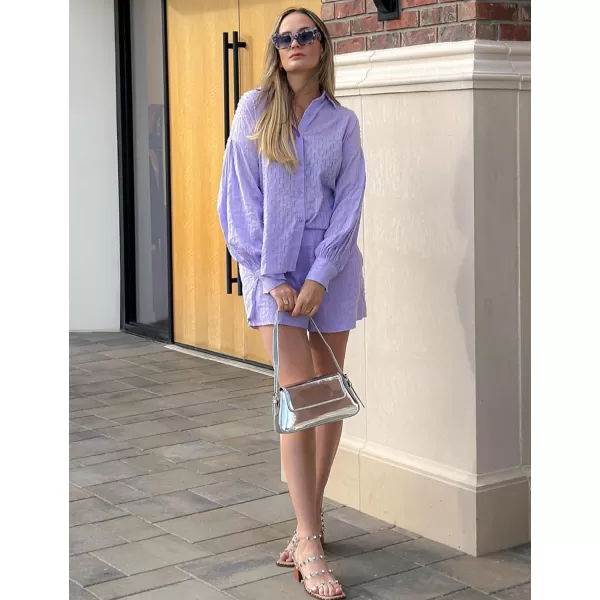 SWOMOG Womens 2 Piece Loungewear Long Puff Sleeve Button Down Shirts High Waisted Shorts with Side Pockets Pajama SetLavender