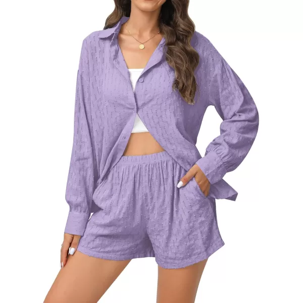 SWOMOG Womens 2 Piece Loungewear Long Puff Sleeve Button Down Shirts High Waisted Shorts with Side Pockets Pajama SetLavender