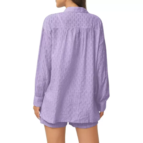 SWOMOG Womens 2 Piece Loungewear Long Puff Sleeve Button Down Shirts High Waisted Shorts with Side Pockets Pajama SetLavender