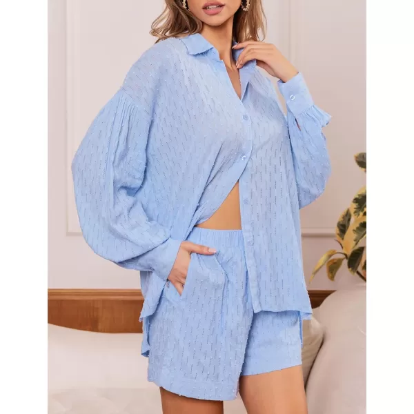 SWOMOG Womens 2 Piece Loungewear Long Puff Sleeve Button Down Shirts High Waisted Shorts with Side Pockets Pajama SetLight Blue