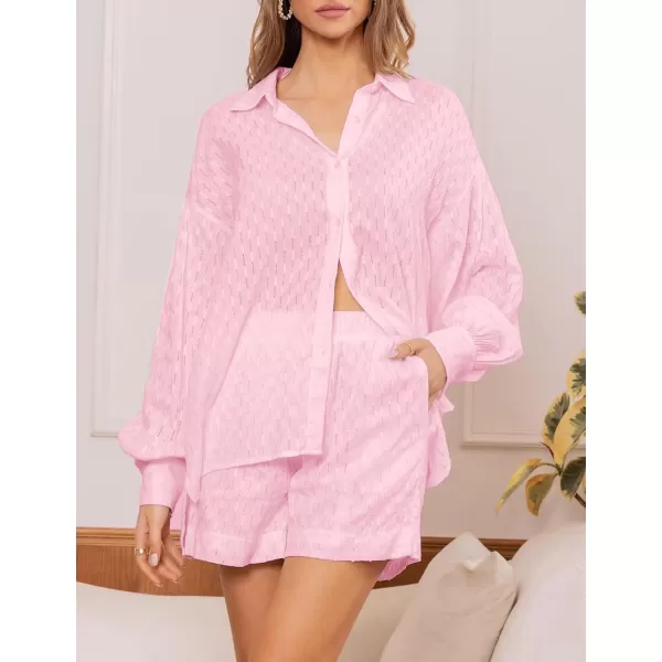 SWOMOG Womens 2 Piece Loungewear Long Puff Sleeve Button Down Shirts High Waisted Shorts with Side Pockets Pajama SetPink