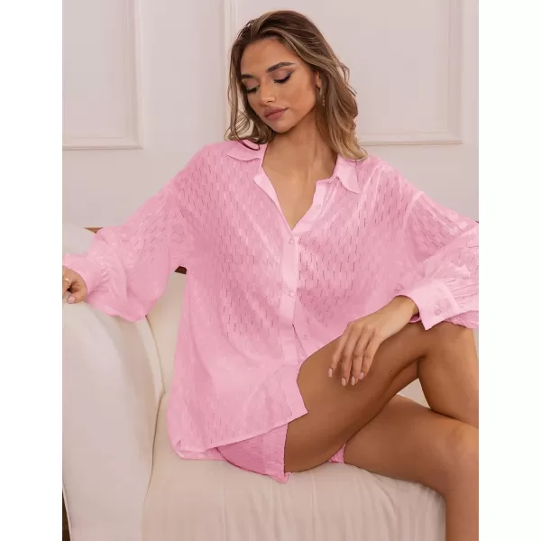 SWOMOG Womens 2 Piece Loungewear Long Puff Sleeve Button Down Shirts High Waisted Shorts with Side Pockets Pajama SetPink