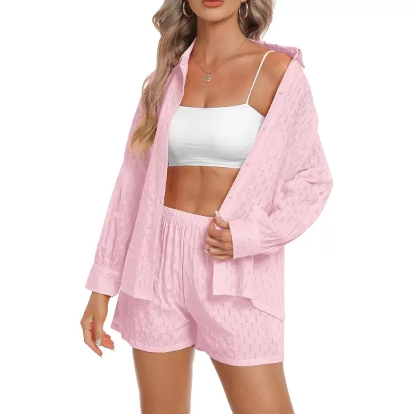 SWOMOG Womens 2 Piece Loungewear Long Puff Sleeve Button Down Shirts High Waisted Shorts with Side Pockets Pajama SetPink