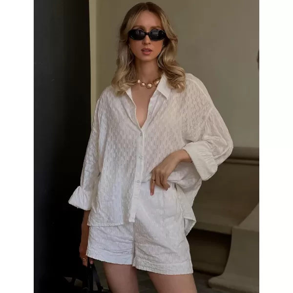 SWOMOG Womens 2 Piece Loungewear Long Puff Sleeve Button Down Shirts High Waisted Shorts with Side Pockets Pajama SetWhite