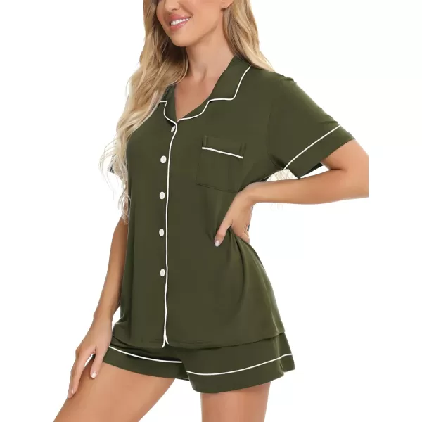 SWOMOG Womens Button Down Pajamas Set Short Sleeve Sleepwear Bride Soft Pj Lounge Sets XS3XLArmy Green Piping Trim