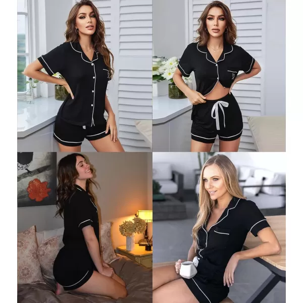 SWOMOG Womens Button Down Pajamas Set Short Sleeve Sleepwear Bride Soft Pj Lounge Sets XS3XLBlack