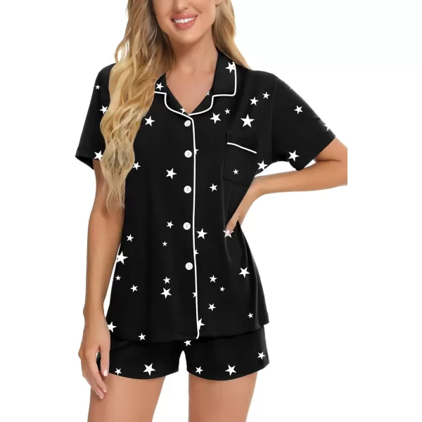 SWOMOG Womens Button Down Pajamas Set Short Sleeve Sleepwear Bride Soft Pj Lounge Sets XS3XLBlack Star