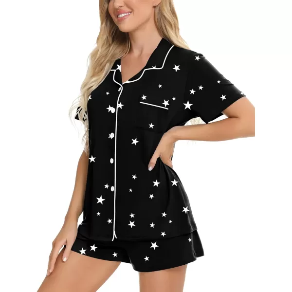 SWOMOG Womens Button Down Pajamas Set Short Sleeve Sleepwear Bride Soft Pj Lounge Sets XS3XLBlack Star