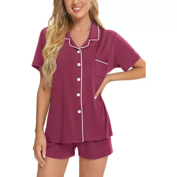 SWOMOG Womens Button Down Pajamas Set Short Sleeve Sleepwear Bride Soft Pj Lounge Sets XS3XLBurgundy