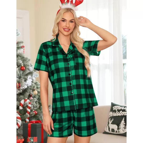 SWOMOG Womens Button Down Pajamas Set Short Sleeve Sleepwear Bride Soft Pj Lounge Sets XS3XLChristmas Green Black Plaid