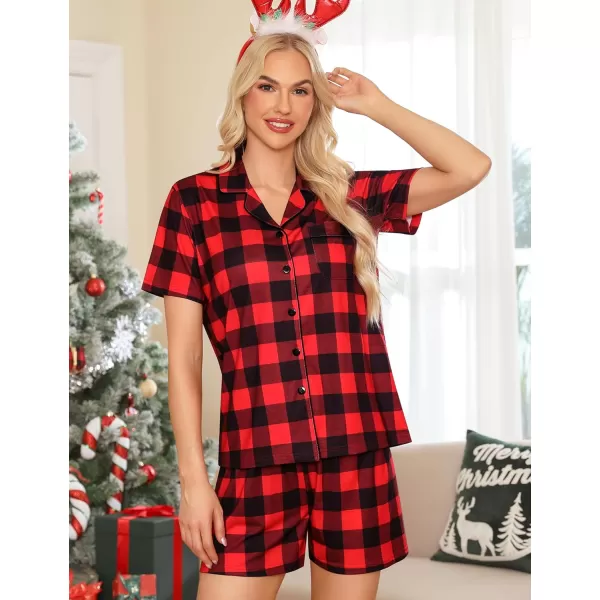 SWOMOG Womens Button Down Pajamas Set Short Sleeve Sleepwear Bride Soft Pj Lounge Sets XS3XLChristmas Red Black Big Plaid