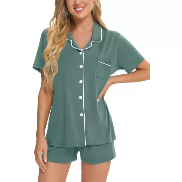 SWOMOG Womens Button Down Pajamas Set Short Sleeve Sleepwear Bride Soft Pj Lounge Sets XS3XLDark Green