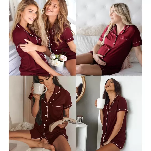 SWOMOG Womens Button Down Pajamas Set Short Sleeve Sleepwear Bride Soft Pj Lounge Sets XS3XLDeep Wine Red