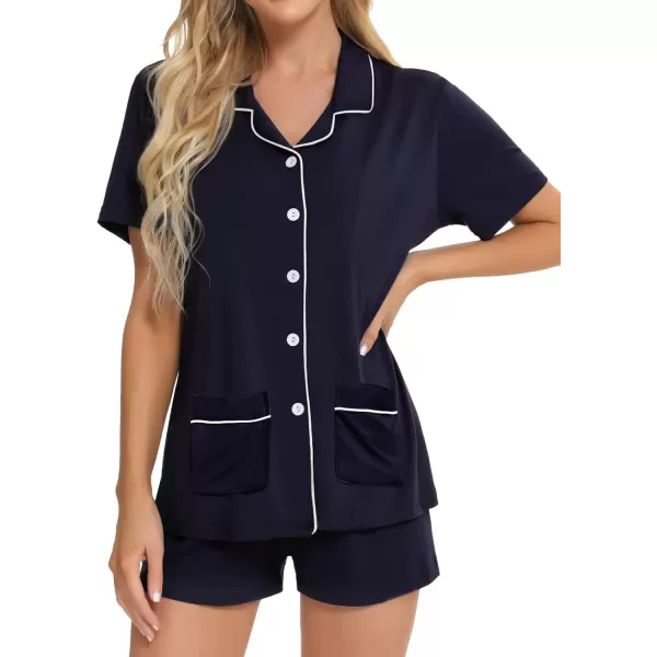 SWOMOG Womens Button Down Pajamas Set Short Sleeve Sleepwear Bride Soft Pj Lounge Sets XS3XLNavy Blue With Pockets