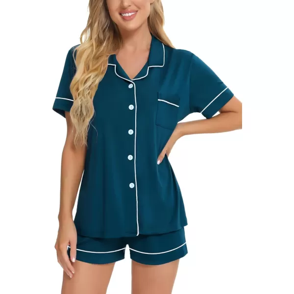 SWOMOG Womens Button Down Pajamas Set Short Sleeve Sleepwear Bride Soft Pj Lounge Sets XS3XLOxford Blue Piping Trim