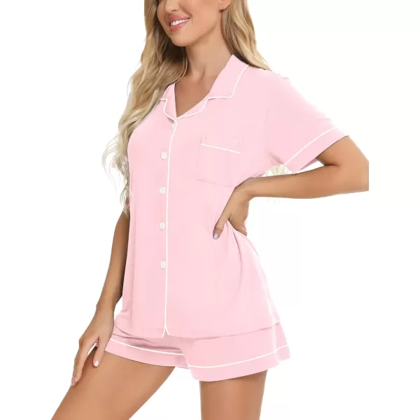 SWOMOG Womens Button Down Pajamas Set Short Sleeve Sleepwear Bride Soft Pj Lounge Sets XS3XLPink Piping Trim