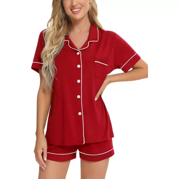 SWOMOG Womens Button Down Pajamas Set Short Sleeve Sleepwear Bride Soft Pj Lounge Sets XS3XLRed Piping Trim