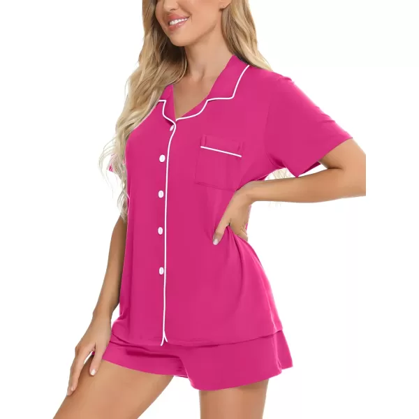 SWOMOG Womens Button Down Pajamas Set Short Sleeve Sleepwear Bride Soft Pj Lounge Sets XS3XLRose Red