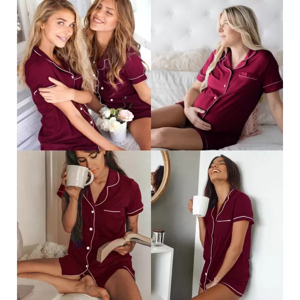 SWOMOG Womens Button Down Pajamas Set Short Sleeve Sleepwear Bride Soft Pj Lounge Sets XS3XLWine Red