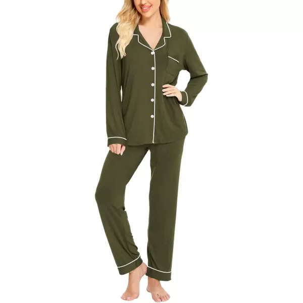 SWOMOG Womens Pajamas Set Long Sleeve Sleepwear Button Down Nightwear Soft Cotton Pj Lounge SetsArmy Green