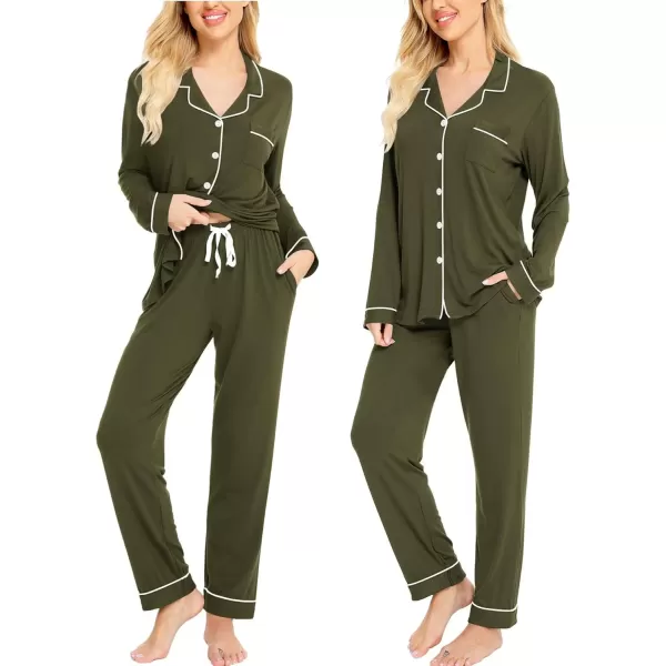 SWOMOG Womens Pajamas Set Long Sleeve Sleepwear Button Down Nightwear Soft Cotton Pj Lounge SetsArmy Green