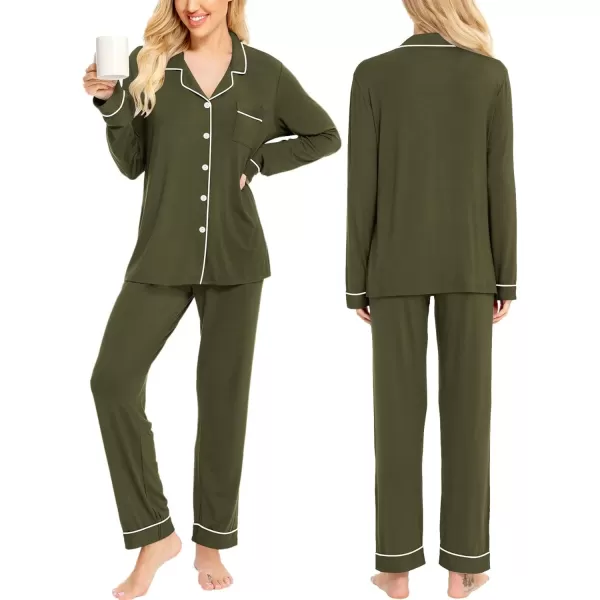 SWOMOG Womens Pajamas Set Long Sleeve Sleepwear Button Down Nightwear Soft Cotton Pj Lounge SetsArmy Green