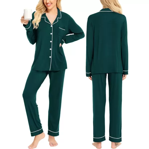 SWOMOG Womens Pajamas Set Long Sleeve Sleepwear Button Down Nightwear Soft Cotton Pj Lounge SetsBlack Green