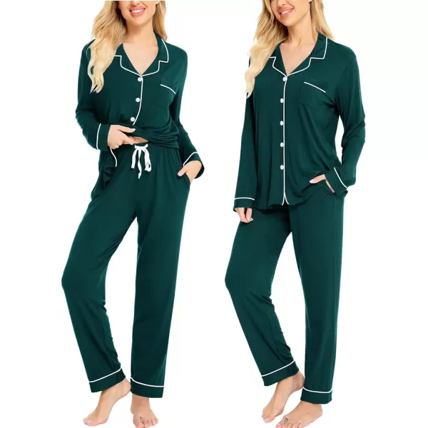 SWOMOG Womens Pajamas Set Long Sleeve Sleepwear Button Down Nightwear Soft Cotton Pj Lounge SetsBlack Green