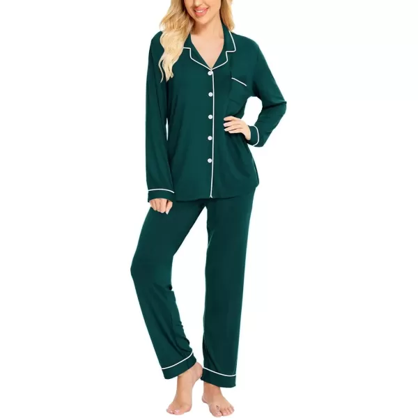 SWOMOG Womens Pajamas Set Long Sleeve Sleepwear Button Down Nightwear Soft Cotton Pj Lounge SetsBlack Green