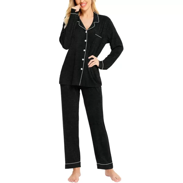 SWOMOG Womens Pajamas Set Long Sleeve Sleepwear Button Down Nightwear Soft Cotton Pj Lounge SetsBlack Grey