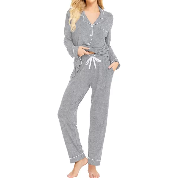 SWOMOG Womens Pajamas Set Long Sleeve Sleepwear Button Down Nightwear Soft Cotton Pj Lounge SetsGrey