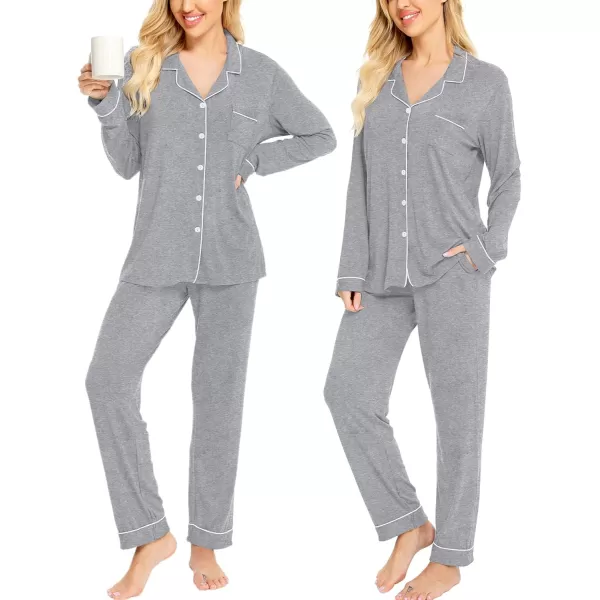 SWOMOG Womens Pajamas Set Long Sleeve Sleepwear Button Down Nightwear Soft Cotton Pj Lounge SetsGrey