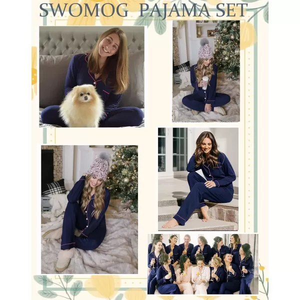 SWOMOG Womens Pajamas Set Long Sleeve Sleepwear Button Down Nightwear Soft Cotton Pj Lounge SetsNavy Blue