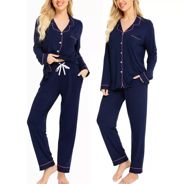 SWOMOG Womens Pajamas Set Long Sleeve Sleepwear Button Down Nightwear Soft Cotton Pj Lounge SetsNavy Blue