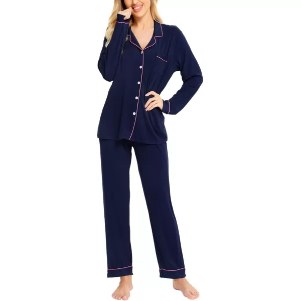 SWOMOG Womens Pajamas Set Long Sleeve Sleepwear Button Down Nightwear Soft Cotton Pj Lounge SetsNavy Blue