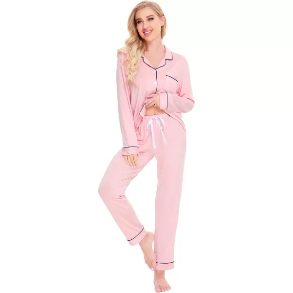 SWOMOG Womens Pajamas Set Long Sleeve Sleepwear Button Down Nightwear Soft Cotton Pj Lounge SetsPink