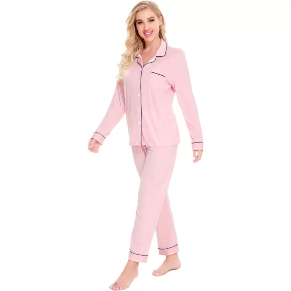 SWOMOG Womens Pajamas Set Long Sleeve Sleepwear Button Down Nightwear Soft Cotton Pj Lounge SetsPink