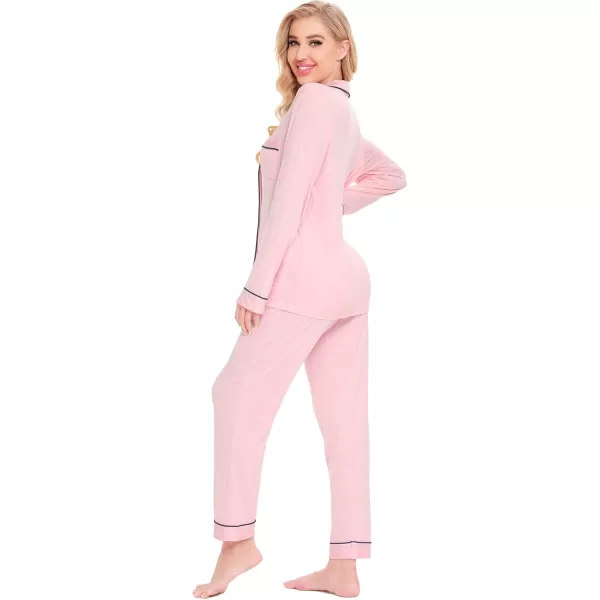 SWOMOG Womens Pajamas Set Long Sleeve Sleepwear Button Down Nightwear Soft Cotton Pj Lounge SetsPink