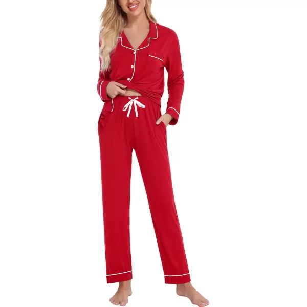 SWOMOG Womens Pajamas Set Long Sleeve Sleepwear Button Down Nightwear Soft Cotton Pj Lounge SetsRed