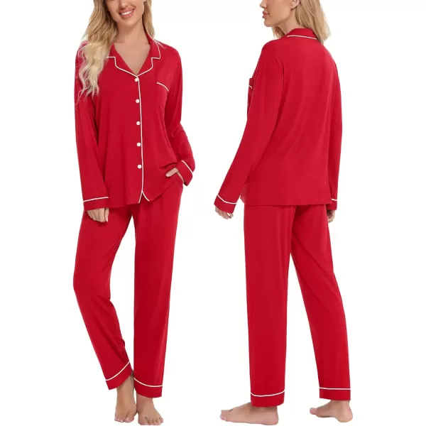 SWOMOG Womens Pajamas Set Long Sleeve Sleepwear Button Down Nightwear Soft Cotton Pj Lounge SetsRed