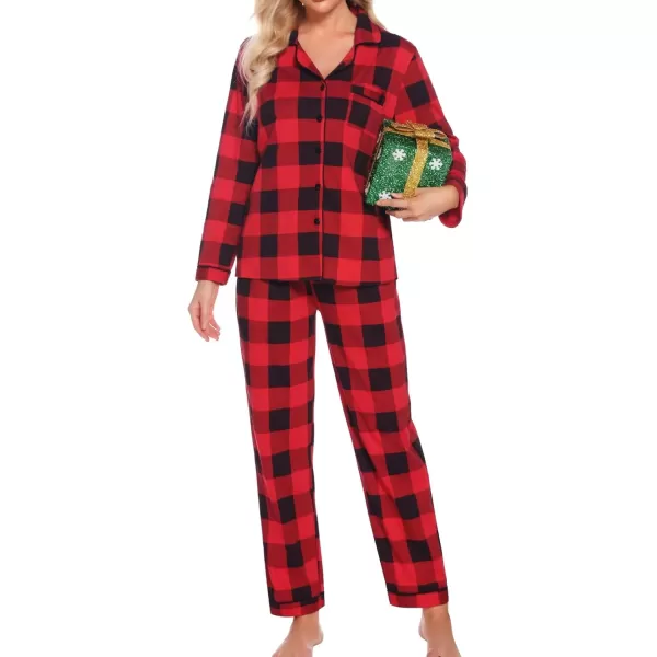 SWOMOG Womens Pajamas Set Long Sleeve Sleepwear Button Down Nightwear Soft Cotton Pj Lounge SetsRed Plaid