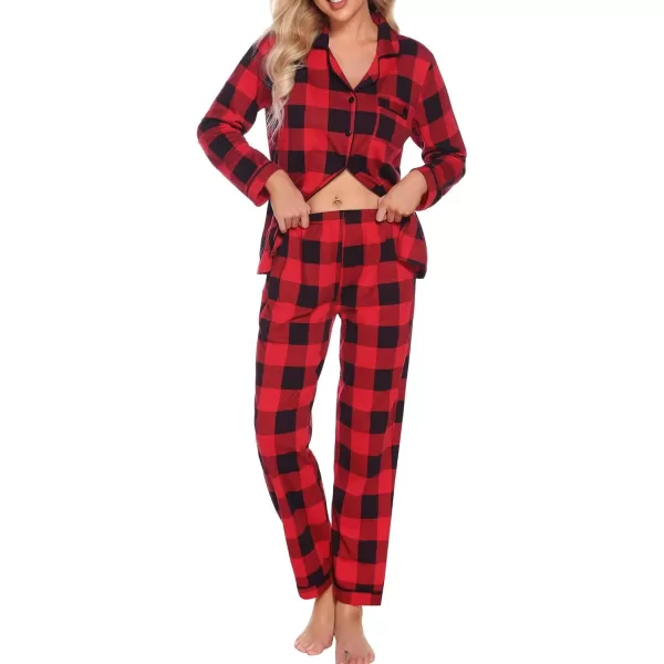 SWOMOG Womens Pajamas Set Long Sleeve Sleepwear Button Down Nightwear Soft Cotton Pj Lounge SetsRed Plaid