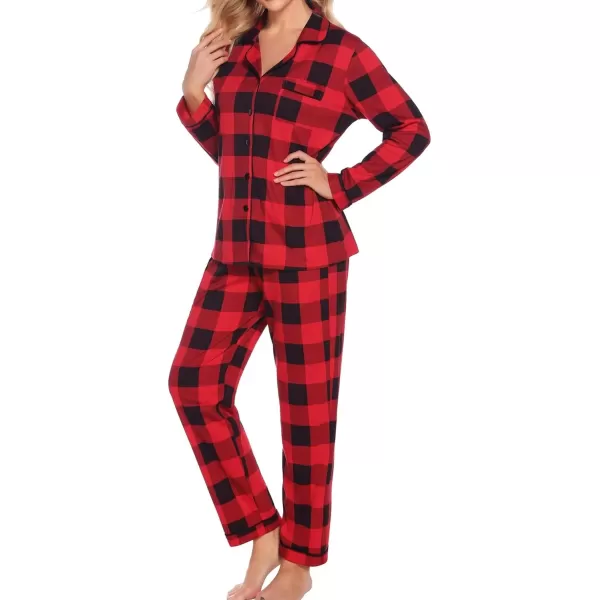 SWOMOG Womens Pajamas Set Long Sleeve Sleepwear Button Down Nightwear Soft Cotton Pj Lounge SetsRed Plaid